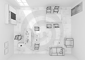 VIP office furniture top view grid 3D rendering