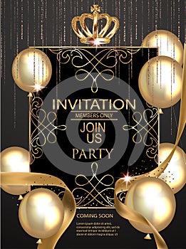 VIP party elegant banner with golden design elements and air balloons.