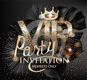 VIP party elegant banner with tropical leaves, golden dust and crown.