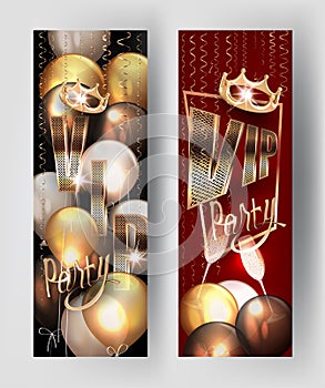 VIP party invitation banners with gold curly serpentine, air balloons and crown.