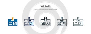 Vip pass icon in different style vector illustration. two colored and black vip pass vector icons designed in filled, outline,