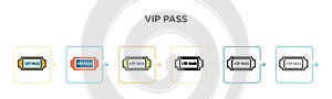 Vip pass vector icon in 6 different modern styles. Black, two colored vip pass icons designed in filled, outline, line and stroke
