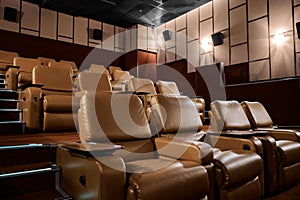 VIP place for visitors of cinema with leather armchair seats