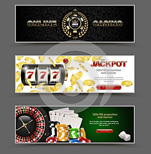 VIP poker luxury horizontal web banner set. Chip stack vector online casino text club golden logo concept. Royal poker card,