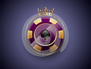 VIP poker luxury purple and golden chip vector casino logo concept. Royal poker tournament or club emblem with gold crown and