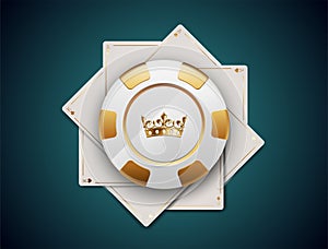 VIP poker luxury white and golden chip on white aces and kings playing cards vector casino logo. Royal poker tournament or club