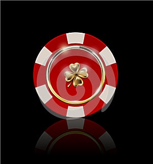 VIP poker red and white chip with golden ring and light effect vector. Black jack poker club casino four-leaf clover emblem
