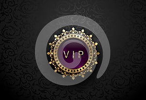 Vip purple label with round golden ring frame crown on black floral background. Dark glossy royal premium template. Vector luxury