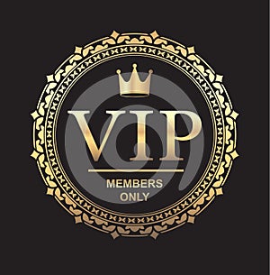 VIP round gold sign, luxure emblem with crown for your design photo