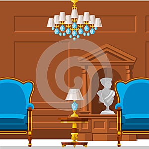 VIP vintage interior furniture rich wealthy house room with sofa set brick wall background vector illustration.