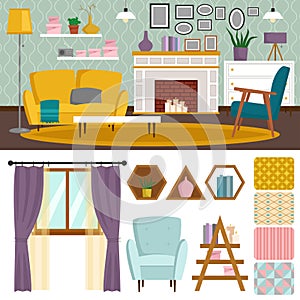 VIP vintage interior furniture rich wealthy house room with sofa set brick wall background vector illustration.