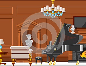 VIP vintage interior furniture rich wealthy house room with sofa set brick wall background vector illustration.