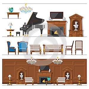 VIP vintage interior furniture rich wealthy house room with sofa set brick wall background vector illustration.