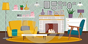 VIP vintage interior furniture rich wealthy house room with sofa set brick wall background vector illustration.