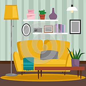 VIP vintage interior furniture rich wealthy house room with sofa set brick wall background vector illustration.