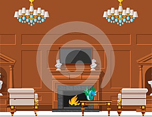 VIP vintage interior furniture rich wealthy house room with sofa set brick wall background vector illustration.