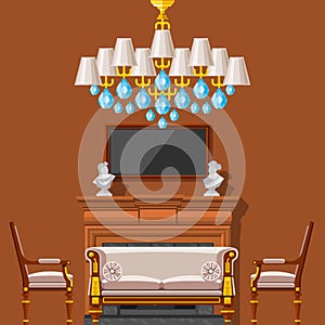 VIP vintage interior furniture rich wealthy house room with sofa set brick wall background vector illustration.