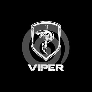 Viper snake with rifle and shield vector badge logo template