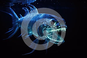 a viperfish with its sharp teeth visible and bioluminescent light glowing photo