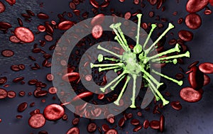 Viral Cell Surrounded by Flowing Blood Cells in Vein