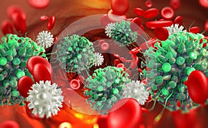 Viral infection in blood. Immunity fights disease. White blood cells attack viruses photo