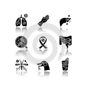 Viral infections drop shadow black glyph icons set. Different infectious diseases, bacterial viruses. Medical diagnosis