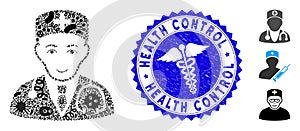 Viral Mosaic Physician Icon with Serpents Textured Health Control Stamp