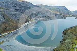 virds0eye view of Llyn Peris Lake, formed glacially and is an example of a moraine-dammed lake, UK