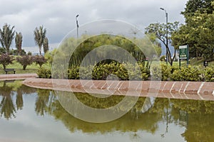 A Virgilio Barco public library park with small lake reflections an endemic andean vegetation photo