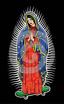 Virgin of Guadalupe 111 Virgin of Guadalupe on a skateboard. The Virgin Mary Vector Poster Illustration.