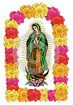 Virgin of Guadalupe, color Roses Isolated Vector illustration