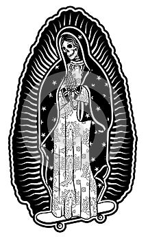 Virgin of Guadalupe on a skateboard. The Virgin Skeleton Mary Vector Poster Illustration.