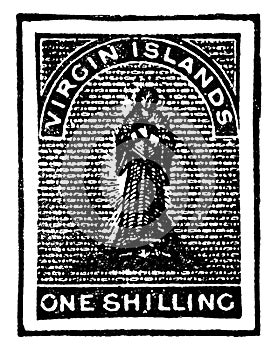 Virgin Islands One Shilling Stamp in 1867, vintage illustration