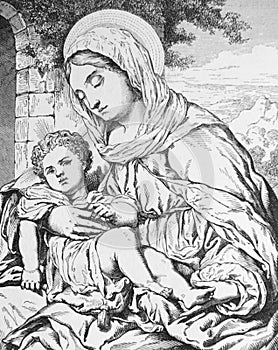 The Virgin and Jesus by Moretto da Brescia, an Italian Renaissance painter from Brescia in the old book Histoire des Peintres, by
