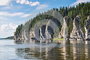 Virgin Komi forests, scenic cliffs on the taiga river Shchugor.