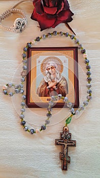 Virgin Marry icon painted on wood Prayer Rope