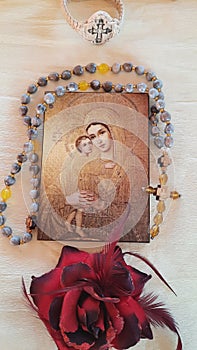 Virgin Marry icon painted on wood Prayer Rope