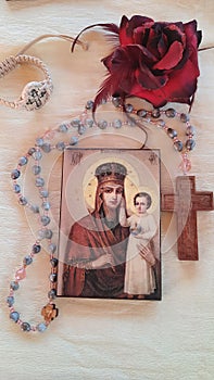 Virgin Marry icon painted on wood Rosary