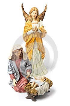 Virgin Mary, baby Jesus and the Archangel on white background