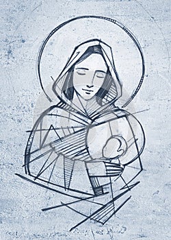 Virgin Mary and baby Jesus hand drawn pencil illustration