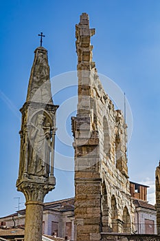 Virgin Mary with baby Jesus statue on Piazza Bra in Verona, Italy