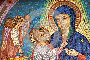 Virgin Mary, the child Jesus and one angel