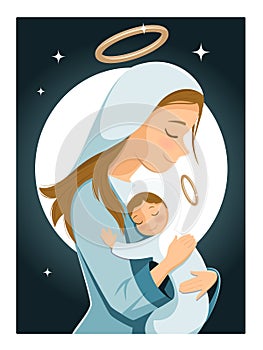 Virgin Mary holding newborn Jesus. Mothers day. Night Christmas scene