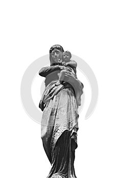 Virgin Mary with Jesus Christ. Religion, faith, love, Christianity concept. Ancient statue isolated on white background