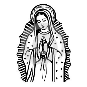 Virgin Mary, Our Lady. Hand drawn vector illustration. Black silhouette svg of Mary, laser cutting cnc.