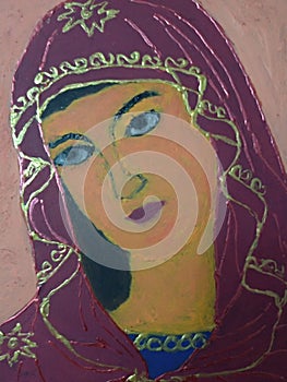 Virgin Mary. Painting on glass in acrylic colors