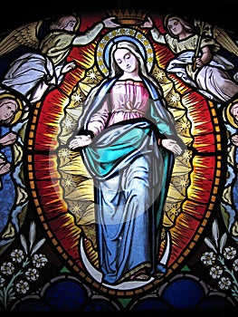 Virgin Mary Stained glass in church in Portugal