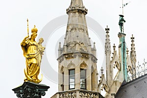 Virgin Mary statue on Marienplatz square by Town Hall, Munich, Germany