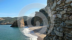 Virgin Mediterranean Beach Steady Cam Flying Over the Cliff Rocks