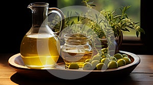Virgin Olive Oil in Glass Pitcher with Fresh Green Olives and Blossoms.Generative ai